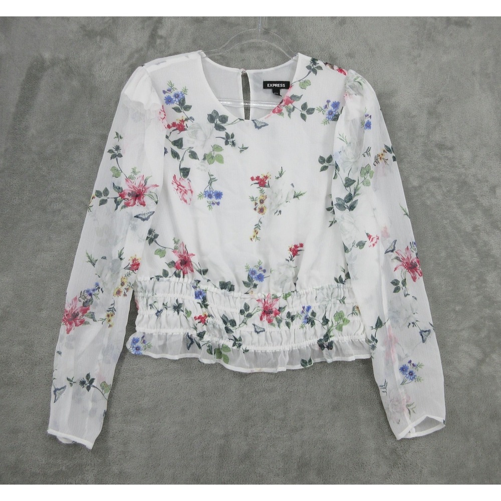 Express Top Womens Size L Floral Smocked Peplum Chiffon Boho Puff Sleeve White